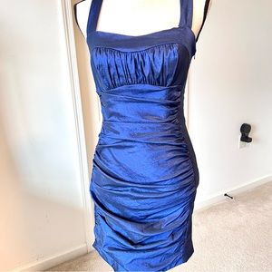 Vintage JESSICA MCCLINTOCK Metallic Iridescent Ruched Cut Out Mini Dress—SZ. 8P